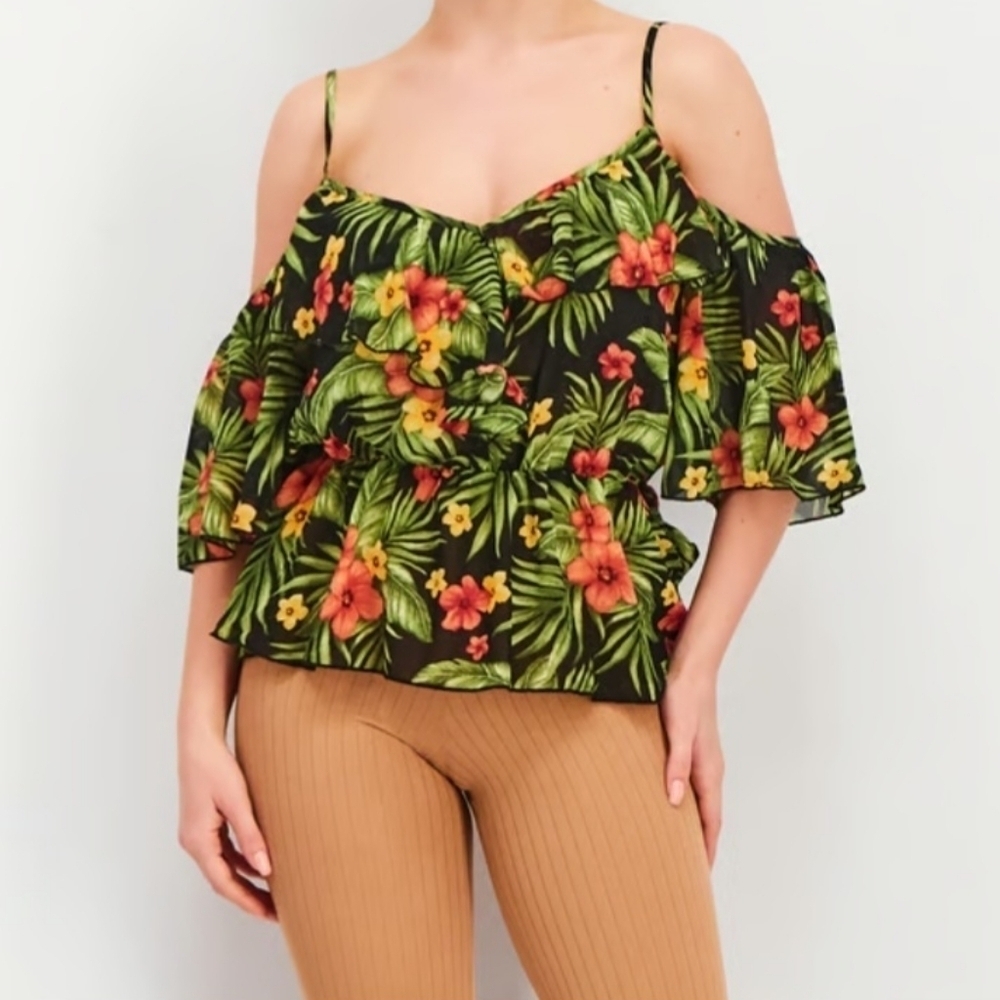 Forever 21 0X Floral Tropical Green Red Off the Shoulder Spaghetti Strap